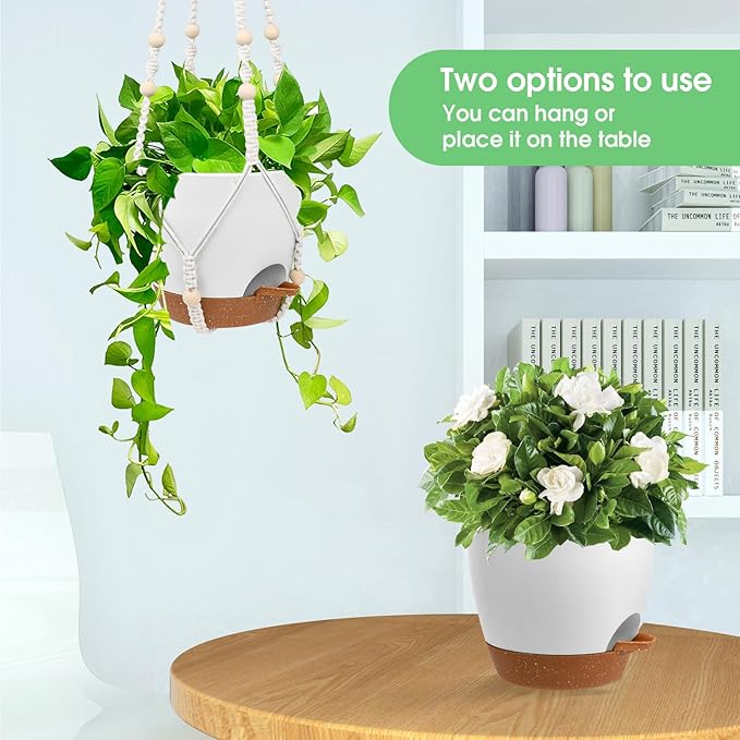 Hanging Planters for Indoor Outdoor Plants, 2 Pack Self Watering Hanging Pot with Drainage Holes, Removable Tray & 2 Kinds of Plant Hangers, 8'' Hanging Flower Pots for Home Garden Decor, White Vanslogreen