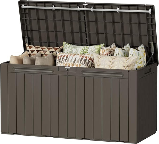 Devoko 100 Gallon Outdoor Storage Box, Waterproof Resin Deck Box for Patio Furniture, Lockable Container for Garden Cushions & Pool Supplies (Brown, 100 Gallon) DEVOKO