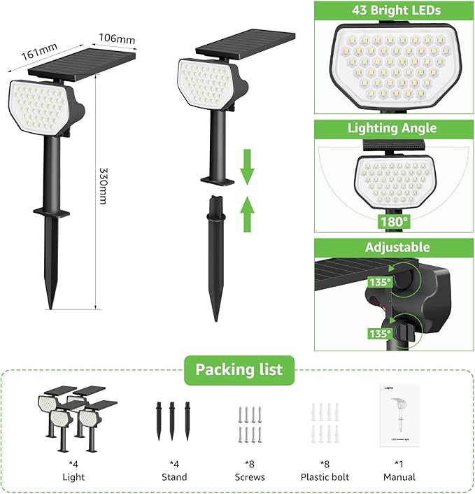 Lepro Solar Decorative Spot Lights 4 Pack, Cool White Modern Accent Lights for Garden & Landscape, IP65 Waterproof Adjustable Spotlight for Architecture, Pathways, Contemporary Decor Lepro