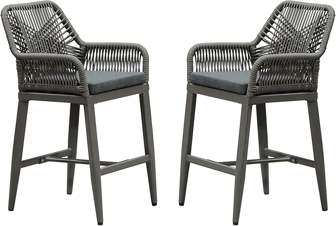 PURPLE LEAF Outdoor 24" Counter Height Bar Stools Chair Set of 2, All Weather Rattan and Aluminum Patio Bar Stool with Cushion for Indoor and Outdoor, Kitchen Island, Smoke Grey PURPLELEAF