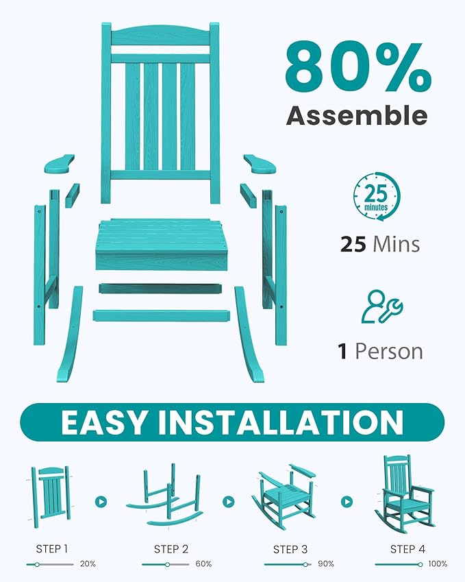 SERWALL HDPE Outdoor Rocking Chair Set of 2, Patio Rocking Chairs, All-Weather Porch Rockers for Adults, Aruba Blue SERWALL