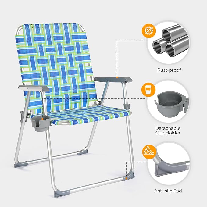 VINGLI Folding Aluminum Webbed Oversized Lawn Chairs with Detachable Cup Holder, 300LBS High Beach Chair for Adults Heavy Duty, Portable Patio Chair for Yard, Garden, 2 Pack,Blue/Green VINGLI