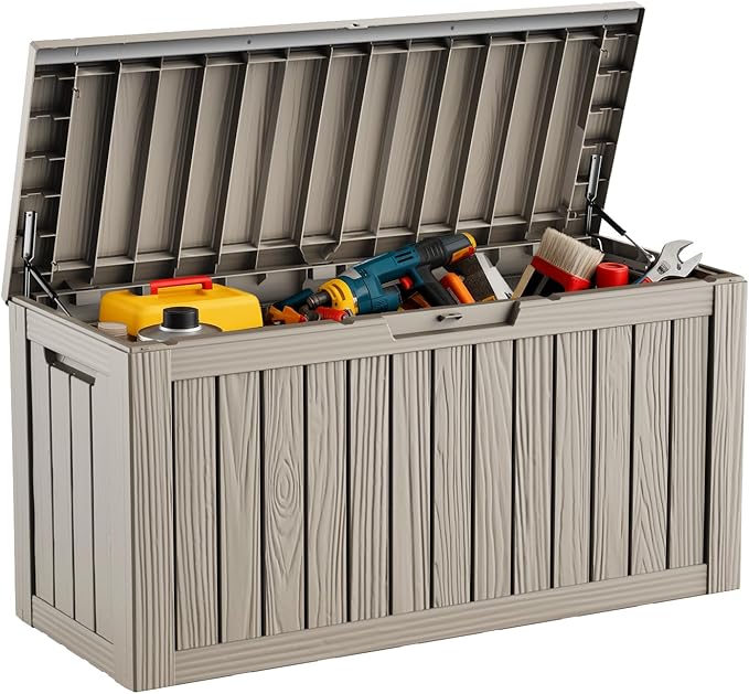 DRATO 80 Gallon Large Deck Box, Outdoor Storage Box for Patio Furniture, Patio Cushions, Gardening Tools, Pool Supplies 480lbs Weight Capacity,Waterproof Resin Storage Boxes（Gray，80 Gallon） DRATOprovidesawarmandcozy