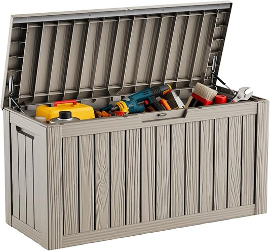 DRATO 80 Gallon Large Deck Box, Outdoor Storage Box for Patio Furniture, Patio Cushions, Gardening Tools, Pool Supplies 480lbs Weight Capacity,Waterproof Resin Storage Boxes（Gray，80 Gallon） DRATOprovidesawarmandcozy