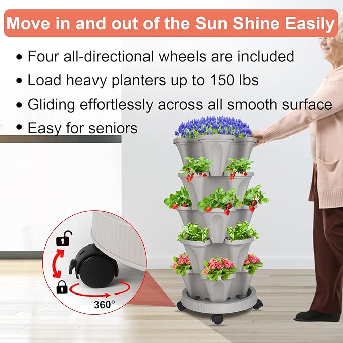 DUNCHATY Stackable Planter, Vertical Garden Planter with Wheels and Garden Tools, Strawberry Planter Indoor/Outdoor 5 Tier Herb Planter Pots for Growing Vegetables and Succulents,Gray DUNCHATY