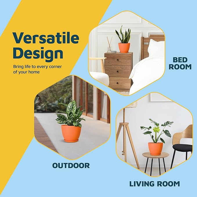 Yellow Plant Pots with Drainage Holes & Saucers 15 Pack, Indoor & Outdoor Stackable Space-Saving Planters for Houseplants & Flowers, (7", 6.7", 6", 5.3", and 4.8" Inches), Durable & Weatherproof LIFEMASTER
