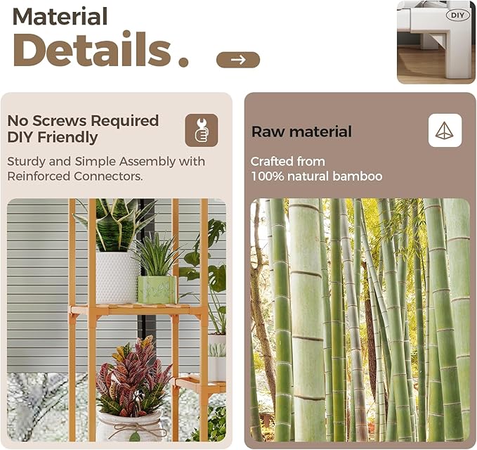 Bamworld Bamboo Plant Stand Indoor Hanging Plants Shelf for Multiple Plants Pots, Tall Large Flower Holder for Living Room, Patio, Balcony, Garden Nature Color Bamworld