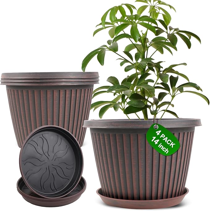 Large-Planter-Indoor-Outdoor Plant Pots, 14 inch 4 Pack Plastic Flower Pots with Saucer And Drainage Holes, Modern Garden Planters For Planting Medium Large Plants， Decorative Resin Garden Pots Myfeegoin