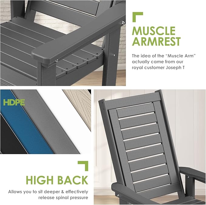 GREENVINES Outdoor Rocking Chair Set | 3-Piece | 2 Rocking Chairs with 1 Side Table | Porch Rocker | HDPE Plastic | Grey | Patio Furniture Sets | High Back | Big & Tall | Ladder Back GreenVines