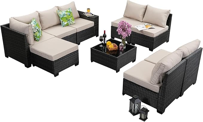 Jing's Villa 9-Piece Patio Furniture Set, All-Weather Outdoor Wicker Sectional Sofa with Cushions, Tempered Glass Table & Ottoman, Rattan Conversation Seating for Porch, Garden, Backyard,Beige JingsVillaOutdoorFurniture
