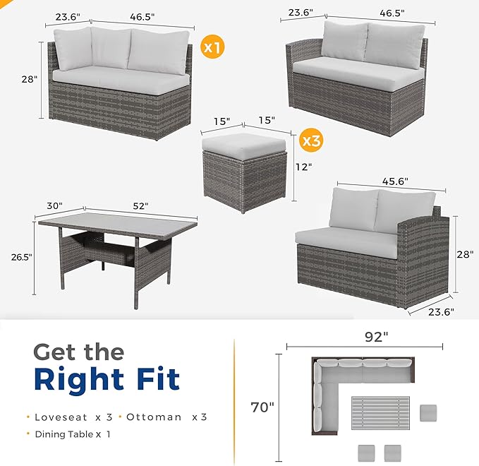 Wisteria Lane 7 Piece Patio Furniture Set, Wicker Patio Sectional with Wide Armrest, All Weather Outdoor Dining Set, Outdoor Furniture Patio Conversation Set with Ottoman, Ash Gray WisteriaLane