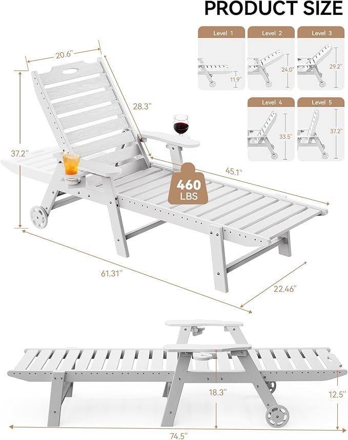 Carauci Lounge Chair Outdoor, HDPE Chaise Lounge with Wheels, 5-Position Adjustable Backrest & 2 Cup Holders Patio Lounge Chair, All-Weather Pool Sun Lounger for Poolside, Backyard, White Carauci