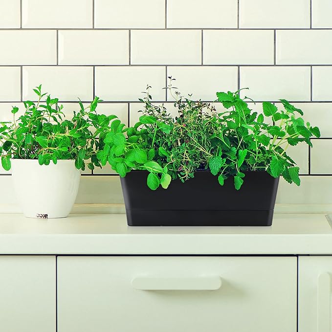 Skelang 3 Pcs Rectangular Plant Pot, 12" Flower Planter Box, Windowsill Container for Succulent, Herb, Vegetable (Black) Skelang