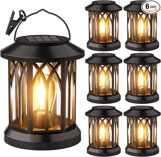 6 Pack Solar Lanterns Outdoor Waterproof - Hanging Lanterns Decorative Outdoor Patio Decor with Clip Solar Lantern for Outside - Outdoor Lanterns for Patio Garden Waterproof Gifts for Women Mom Family SIMLIX