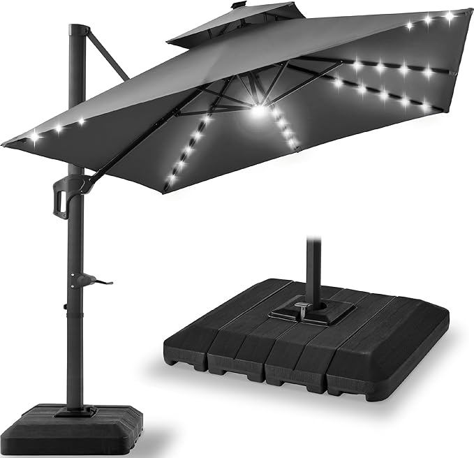 Best Choice Products 12x12ft LED Cantilever Patio Umbrella w/Base Included & 360° Rotation, Large Solar Offset Hanging Outdoor Sun Shade for Deck, Backyard Table w/Stand & Lights – Gray BestChoiceProducts