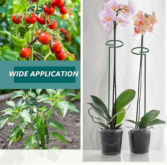 MAFONE 12 Pack 16inch Plant Support Stakes, Plant Stick Garden Single Stem Flower Support Stake Plant Cage Support Rings with 20pcs Plant Clips and Plant Ties for Tomato Orchid Lily Peony Rose Bean Rootora