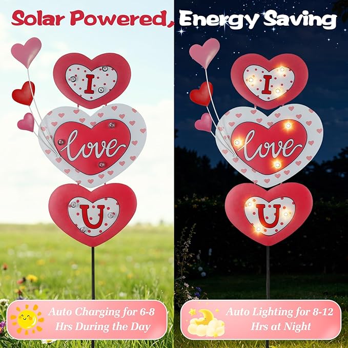 Lewondr 2 Pcs Valentine's Day Decorations Outdoor, Metal Solar Pathway Lights, Love Heart Decorative Garden Stakes Lights with 18 LED Beads, Waterproof Yard Signs for Porch Lawn Wedding Anniversary Lewondr
