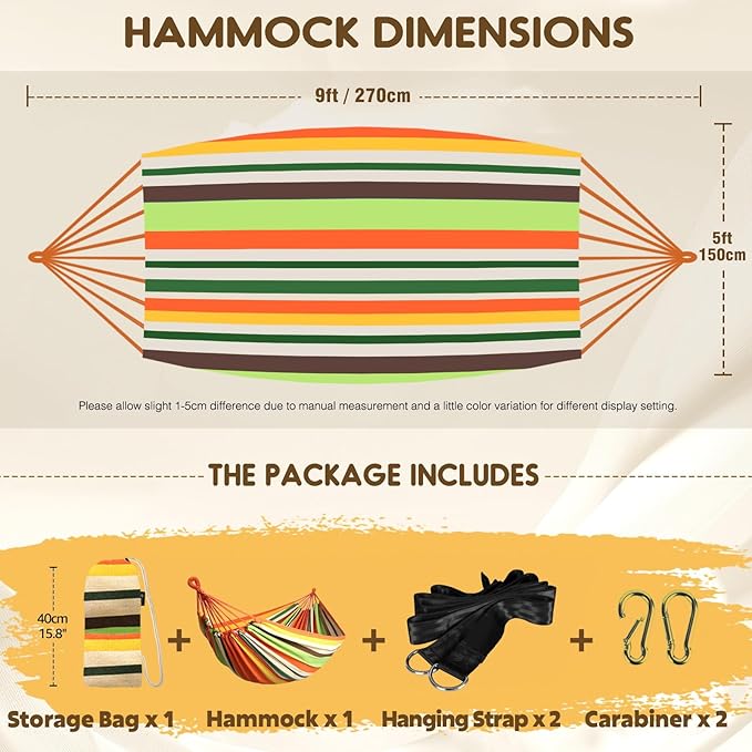 ANYOO Cotton Hammock Portable Camping Hammocks for Hanging Sturdy Garden Comfortable Fabric Hammock with Tree Straps Up to 660lbs with Travel Bag for Camping Outdoor/Indoor Patio Backyard Anyoo