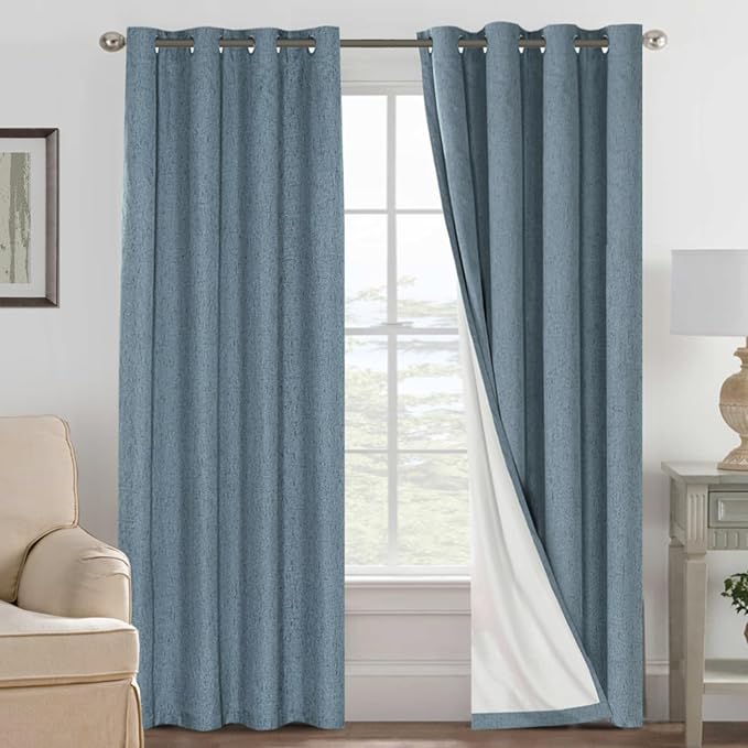 H.VERSAILTEX Linen Blackout Curtains 96 Inches Long 100% Blackout Thermal Insulated Textured Linen Look Curtain Draperies Anti-Rust Grommet, Energy Saving with White Liner, 2 Panels, Stone Blue HVERSAILTEX
