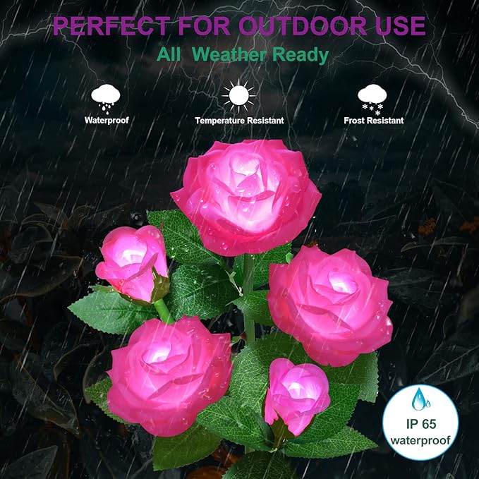 Solar Flower Lights Outdoor - Upgraded New Material Two Modes Realistic LED Solar Powered Waterproof Lights with 5 Roses, Solar Decorative Stake Lights for Garden (Pink, 1 Pack) LightYourLife