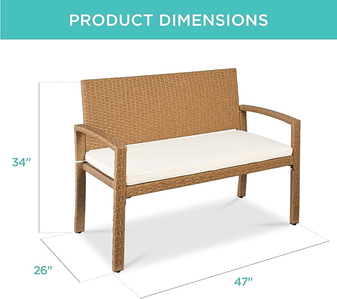 Best Choice Products Outdoor Bench 2-Person Wicker Garden Patio Benches Seating Furniture for Backyard, Porch w/Seat Cushion, 700lb Capacity - Ivory/Natural BestChoiceProducts