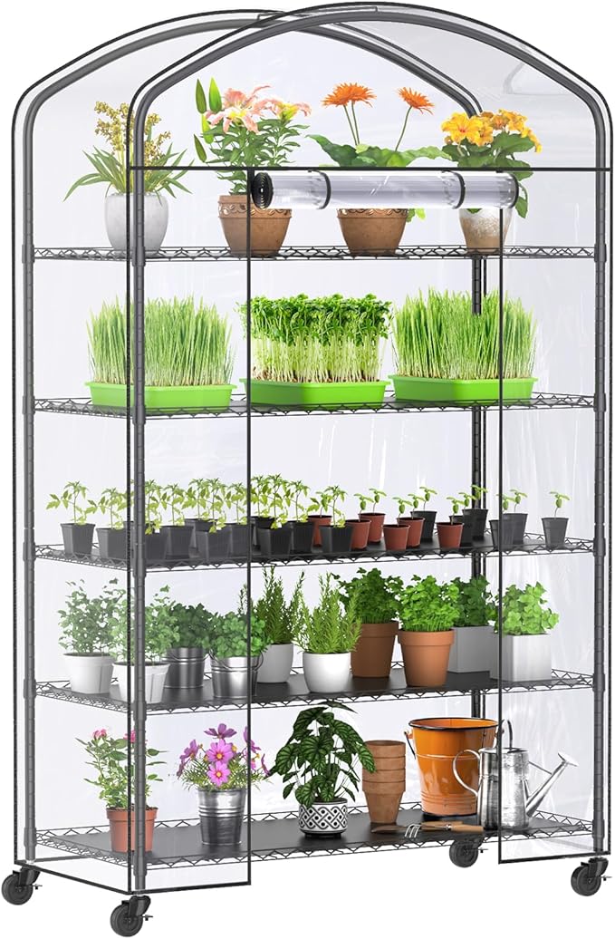 Abimars 5-Tier Greenhouse with Caster Wheel, Each Shelf Height Adjustable Metal Plant Shelf with PVC Cover for Seed Starting Trays, Seedling Pots, Plant Pots, 21x49x80inch Abimars
