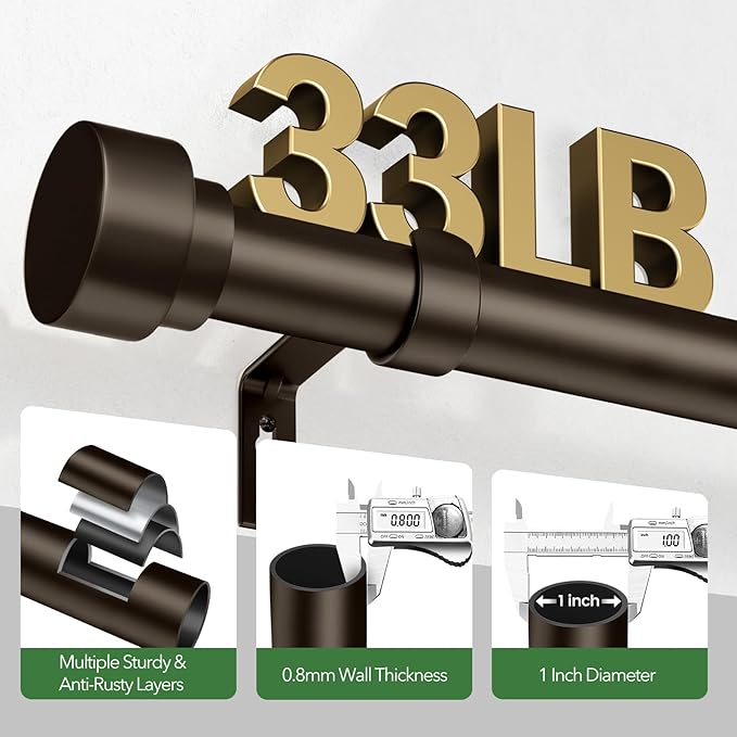 Curtain Rods for Windows 28 to 48, 1 Inch Adjustable Heavy Duty Long Window Outdoor Curtain Rod for Patio, Drapery Rods with Simple End Caps, Size 32"-60", Antique Bronze TimeForest