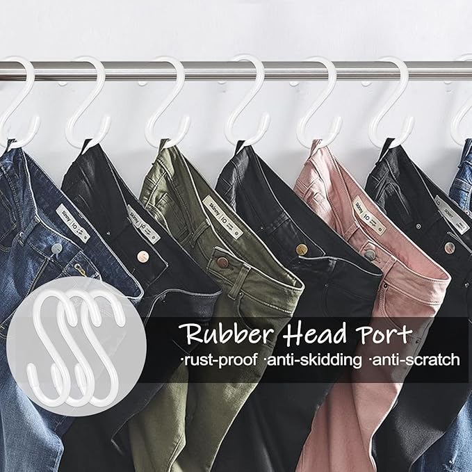 20 Pack Vinyl Coated S Hooks for Hanging,Heavy Duty S Hook for Hanging Plants,Non Slip 3 Inch Closet S Hooks,Steel Metal White Vinyl Coated Small Hook for Jeans Pots and Pans Coffee Cups DINGEEUtilityHook