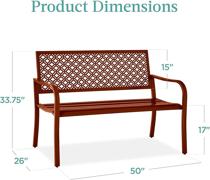 Best Choice Products Outdoor Bench 2-Person Metal Steel Benches Furniture for Garden, Patio, Porch, Entryway w/Geometric Backrest, 790lb Capacity - Rust BestChoiceProducts
