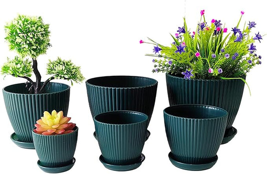 7.5/6.5/5.5/4.9/4.2/3.5 Inch Plant Pots with Saucers & Drain Holes - Indoor/Outdoor Flower Pots for Succulents, Herbs, Cactus - Modern Lightweight Durable Planter Set, Dark Green RooTrimmer