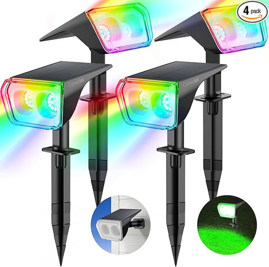 Consciot Solar Spot Lights Outdoor, 30 LED Waterproof Color Changing Solar Spotlight, 2 in 1 Adjustable Wall Lights, 10 Colors, Dusk-to-Dawn Solar Landscape Spotlights for Garden Yard Walkway, 4 Pack Consciot