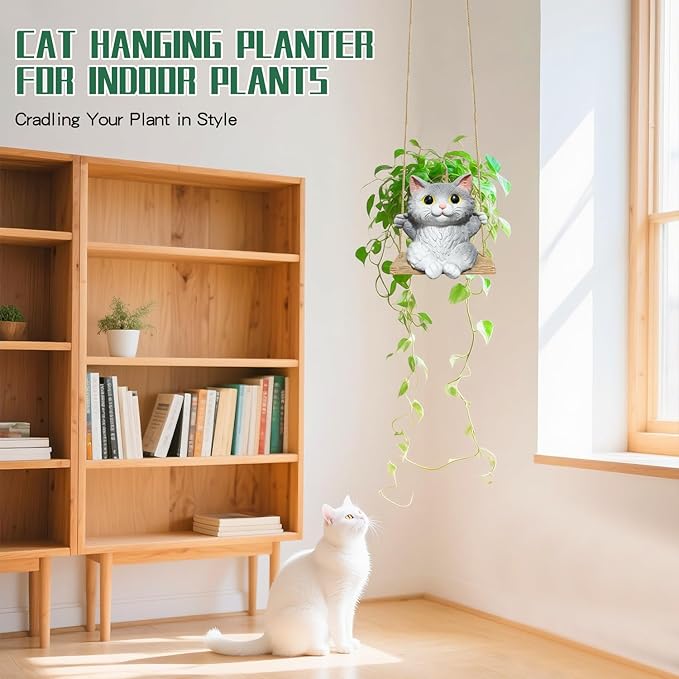 Cat Hanging Planters for Indoor Outdoor Plants, Small Cute Hanging Pots for Succulent, String of Pearls Plant, Resin Hanging Flower Pots with Drainage Hole, Unique Gift, Garden Home Decor Pyoimmne