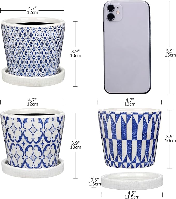 Small Ceramic Pots for Plants, 4.7 inch Blue and White Plant Pot Indoor with Drainage & Saucer Set of 3 Ceramic Planters for Indoor Plants Succulent Pot Decorative Flower Pots for Cactus, Orchid, Herb Oairse