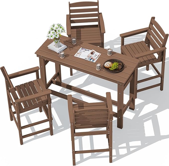 SERWALL Outdoor Bar Set - 4 Adirondack Bar Chairs & Bar Height Table with 1.6" Umbrella Hole, All-Weather HDPE Patio Furniture for Poolside, Backyard, Garden - Brown SERWALL