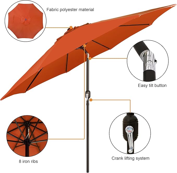 Blissun 9' Outdoor Patio Umbrella, Outdoor Table Umbrella, Yard Umbrella, Market Umbrella with 8 Sturdy Ribs, Push Button Tilt and Crank Blissun