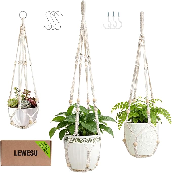 3 Pack Macrame Plant Hanger Indoor 3 Different Sizes Hanging Planter Basket Flower Pot Holder with Wood Beads & No Tassels for Boho Home Decor, 23, 30, 35 Inch, Ivory (Pot Not Included) Rootora