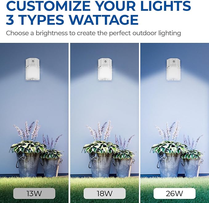 CINOTON 26W LED Wall Pack Light with Dusk to Dawn Sensor, 3CCT 3000K/4000K/5000K, 26W/18W/13W Switchable, [100-277Vac] IP65 Waterproof Outdoor Security Flood Lighting for Garage Warehouse 2 Pack CINOTON