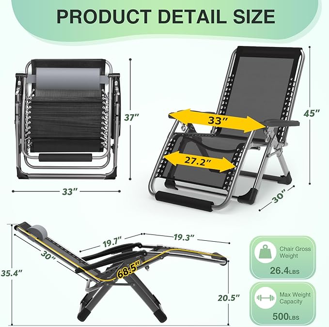 Suteck Oversized Zero Gravity Chair,33In XXL Lounge Chair w/Removable Cushion&Headrest, Reclining Camping Chair w/Upgraded Lock and Footrest, Reclining Patio Chairs Recliner for Indoor Outdoor,500LBS Suteck