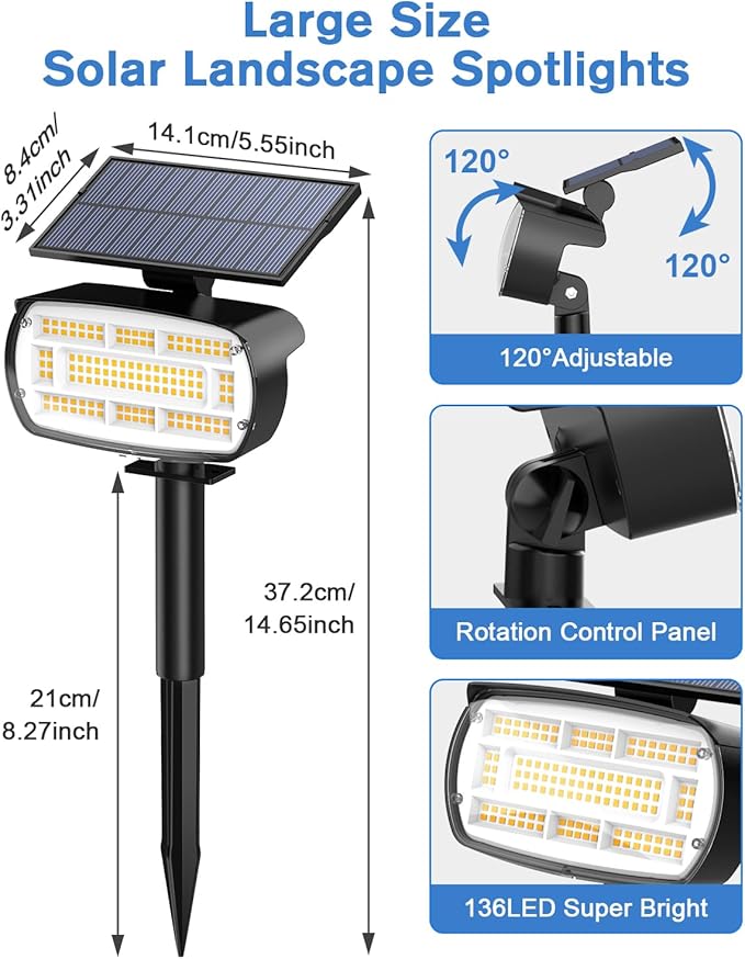 Fabrito Large Solar Spot Lights Outdoor 4 Pack, 1000 Lumens High Brightness, IP65 Waterproof Solar Spotlight with 136 LEDs, Dusk to Dawn Solar Landscape Lights for Yard, Garden, Pathway, Plants (Warm) Fabrito