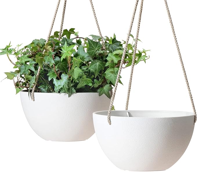 La Jolie Muse White Hanging Planter Basket - 8 Inch Indoor Outdoor Flower Pots, Plant Containers W/ Drainage Hole, Plant Pot for Hanging Plants, Pack 2 LaJol%C3%ADeMuse