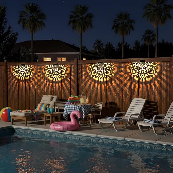 6 Pack Solar Fence Lights Outdoor Wall Lights Plastic Solar Powered Deck Step Stair Lights Mandala Theme Waterproof Fence Solar Light for Garden Post Patio Yard Decor, Gardening Gifts for Women Mom EKQ