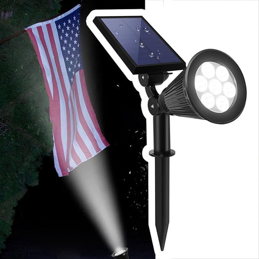 Solar Spotlights Outdoor, Bright 7-LED Landscape Spot Lights, Dusk-to-Dawn Waterproof Solar Powered Flag Pole Lights, Adjustable 2-in-1 Ground/Wall Mounted Lighting for Tree House Yard Garden (White) SFSUNFUNY