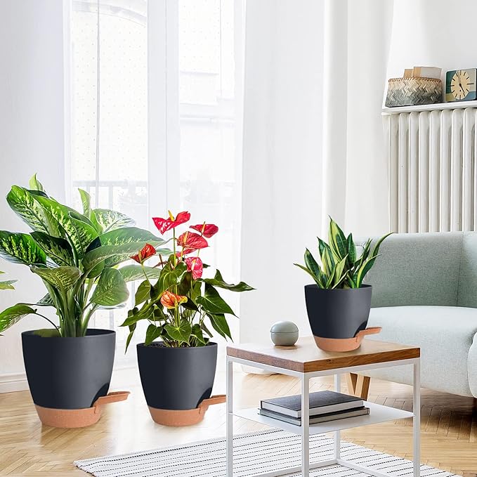 Planters for Indoor Plants, 8/7/6.5/6/5.5/5 Inch Self Watering Plant Planters with Drainage Hole, Plastic Planters Flower Pots for Indoor Outdoor Plants (Black) Vanslogreen