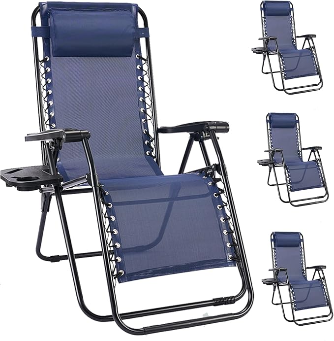 NEWBULIG Zero Gravity Chair Set of 4, Lounge Chair Folding Portable Adjustable Camping Reclining Chairs with Adjustable Pollow, Mesh Back, Cup Holder Trays Lawn Patio Chair for Pool Beach - Blue NEWBULIG