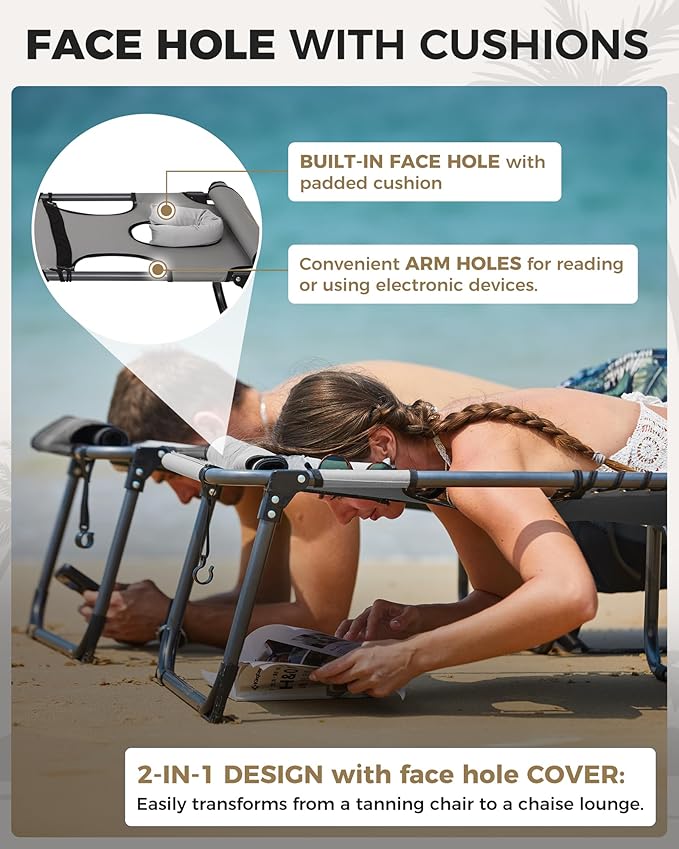 KingCamp Tanning Chair with Face Hole, Lounge Chairs Outdoor Folding Comfy Adjustable 5-Position Lay Flat Foldable Chaise Chaser Lounger for Outside Beach Patio Sun Bathing Pool, Grey KingCamp