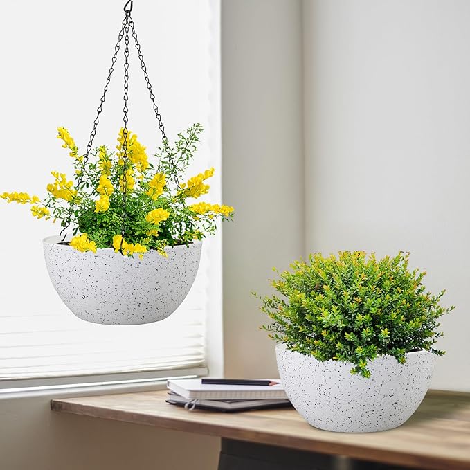 8 inch Hanging Planters for Small Indoor Outdoor Plants, 2 Pack Hanging Flower Pots with Drainage Holes and Chain for Garden Porch, Plastic Hanging Baskets for House Plants, Speckled White Meowell