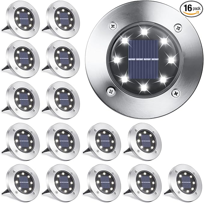 LYHOPE Solar Ground Lights Outdoor, 16 Pack 8 LED Solar Disk Lights Waterproof Garden In-ground Pathway Light Landscape Lighting for Lawn,Yard,Deck,Patio,Walkway (White) LYHOPE