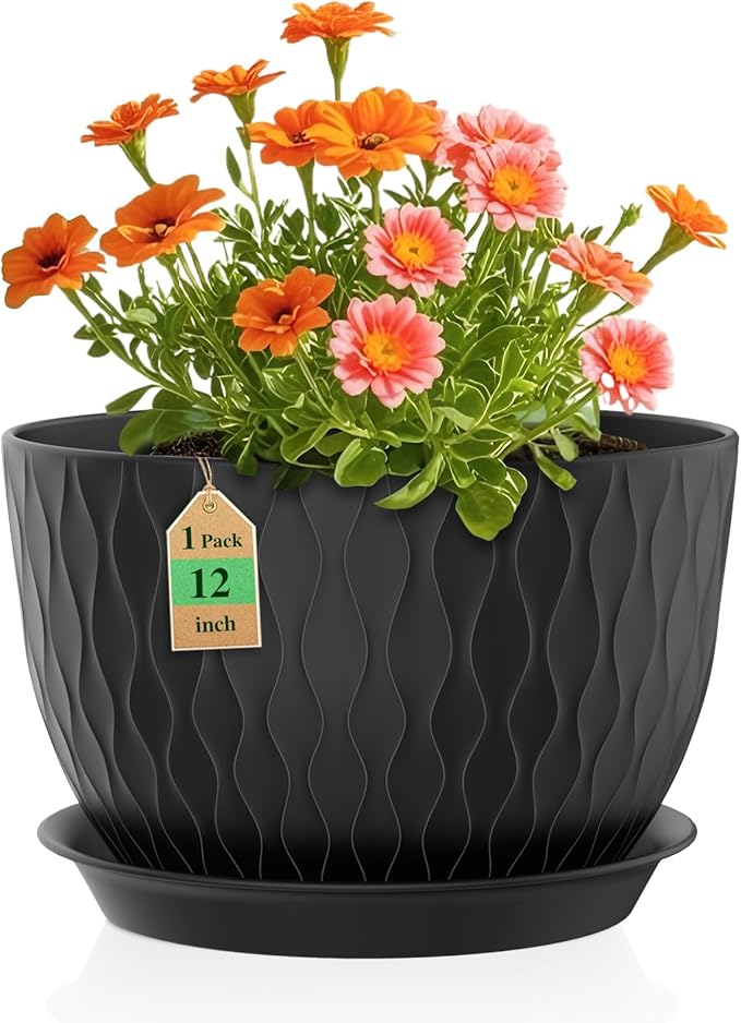 12 Inch Large Plant Pots for Indoor or Outdoor Plants, Wide Water Ripples Flower Pots with Drainage Holes & Saucer, Plastic Planters Set for Garden & Home Decor (Black) WSMKSZ