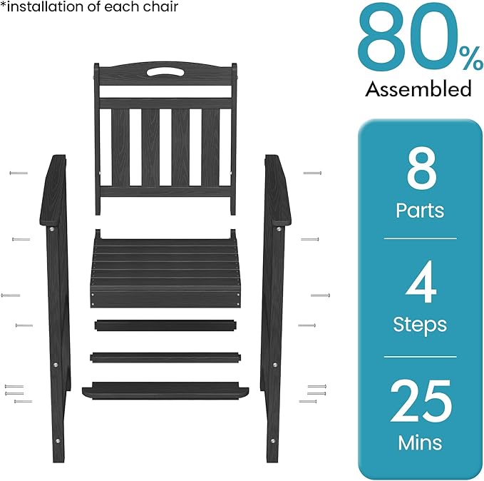Ciokea Heavy Duty Bar Height Chair, 380lbs Outdoor Adirondack Tall Bar Chair Patio Stool with Arms & High Back, Heavy Duty All-Weather for Balcony, Poolside, Deck and Garden, Black CIOKEA