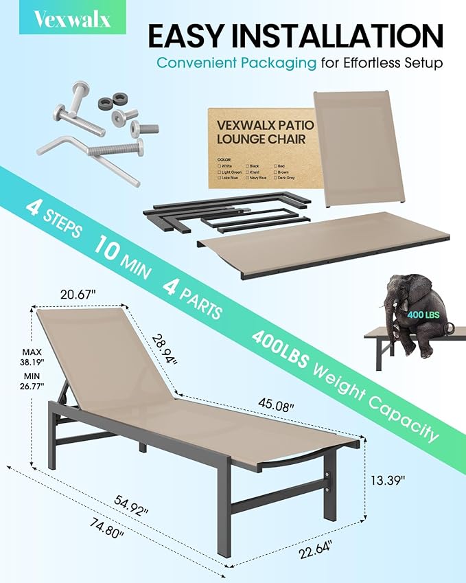 Outdoor Lounge Chairs Set of 3, Aluminum Chaise Lounge Chairs with 5-Position Recliner, Patio Lounge Chair for Backyard, Poolside, Deck, Lawn (Khaki) Vexwalx